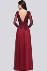 Affordable Long Sleeves V-Neck Lace Burgundy Bridesmaid Dresses with Appliques-27dress